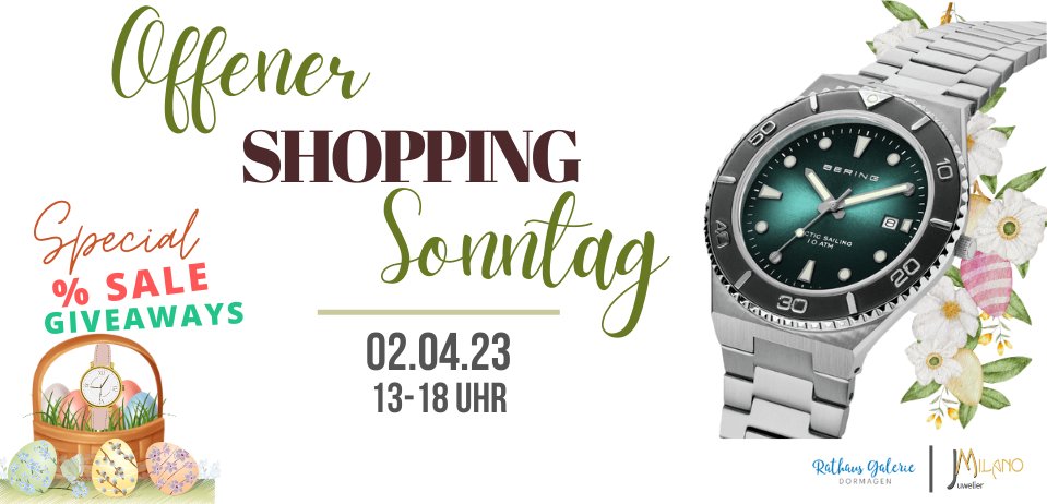 Offener Sonntag, Schmuckstücke, Uhren, Sales, Giveaways, Ostergeschenke, Juwelier, Neue Kollektion, Shopping Event, Angebote, Öffnungszeiten, Juweliergeschäft, Geschenkideen, Uhrmacher, Schmuckliebhaber, Uhrenliebhaber, Ostern, Einkaufsmöglichkeiten.