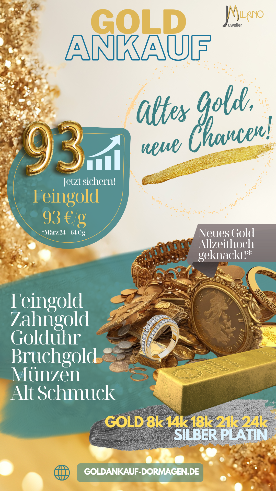 Profitieren Sie von unserem fairen und professionellen Goldankauf-Service. Verkaufen Sie Ihr Altgold und andere Wertgegenstände aus Gold, wie Zahngold, Golduhren, Goldmünzen, Goldbaren, Alt Schmuck, Bruchgold und mehr bei uns! Wir bieten Ihnen eine faire und transparente Bewertung Ihrer Schätze und einen attraktiven Ankaufspreis. Wir bieten eine schnelle und zuverlässige Abwicklung und eine präzise Bewertung durch unsere Experten.